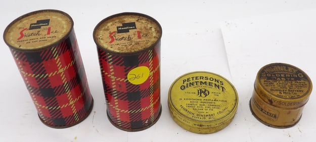 VINTAGE SKOTCH ICE, OINTMENT, SOLDERING PASTE CANS (4)