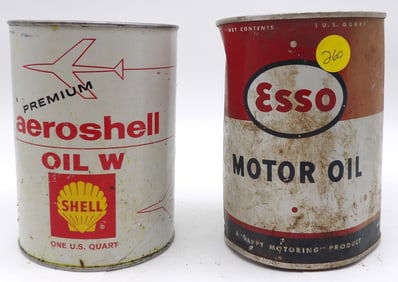 VINTAGE OIL CANS (2) – ESSO MOTOR OIL, SHELL PREMIUM AEROSHELL