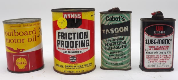 VINTAGE OIL / LUBE CANS (4) – WYNN’S FRICTION PROOFING, SHELL OUTBOARD OIL, WELD-AID LUBEMATIC,