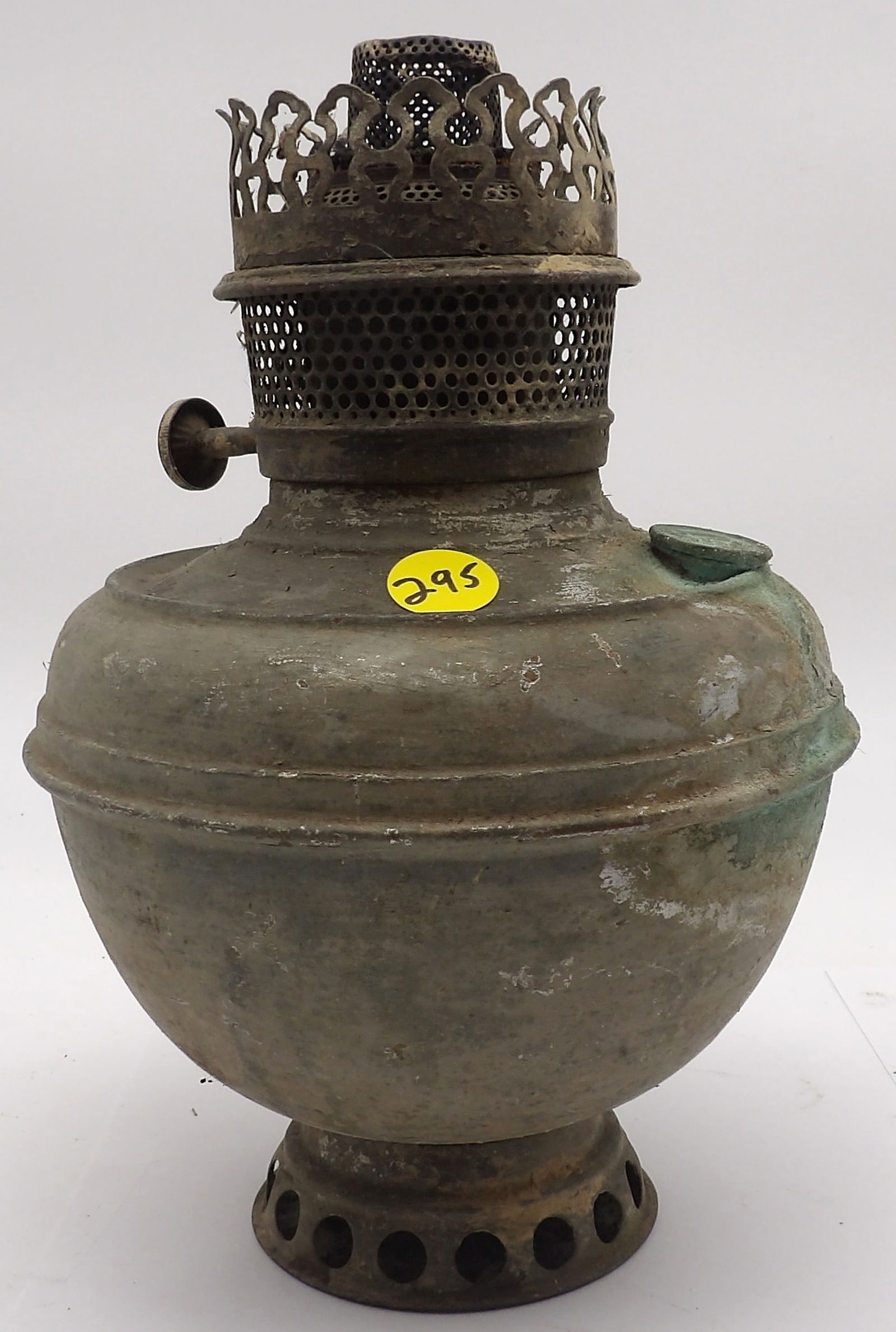 VINTAGE RAYO OIL LAMP: This antique kerosene oil lamp base features a central draft burner with a wick mechanism and a decorative crown-shaped gallery that would have supported a glass chimney. ***NO SHIPPING/PICK UP ONLY**