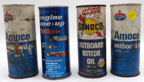 VINTAGE MOTOR OIL CANS (4) – AMOCO OUTBOARD OIL (2), SUNOCO OUTBOARD OIL, PRESTONE ENGINE/TUNE UP