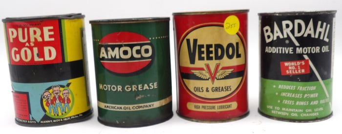 VINTAGE OIL CANS (4) – AMOCO MOTOR GREASE, VEEDOL OILS & GREASE, PEP BOYS PURE AS GOLD, BARDAHL