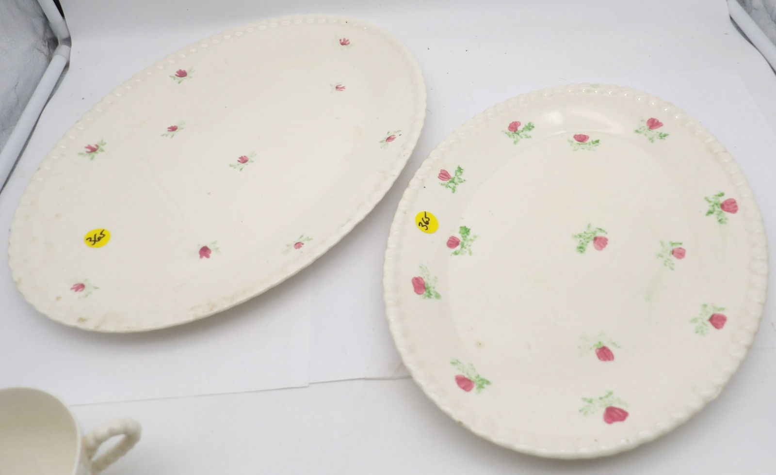 PORCELAIN ROSALINDE HANDPAINTED DINNERWARE / TEA SET – DUBARRY PATTERN – 18 PCS: A collection of Hand Painted Tea set items in the floral Dubarry pattern, including Tea Cups, Saucers, and Serving Dishes