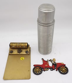 3 PC - DESK CALENDAR CLIPBOARD, METAL THERMOS, CAST IRON MODEL T PLAQUE