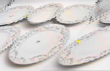 PORCELAIN HEINRICH & CO. BAVARIAN BRIDAL ROSE – 6 PLATES, 1 SERVING BOWL