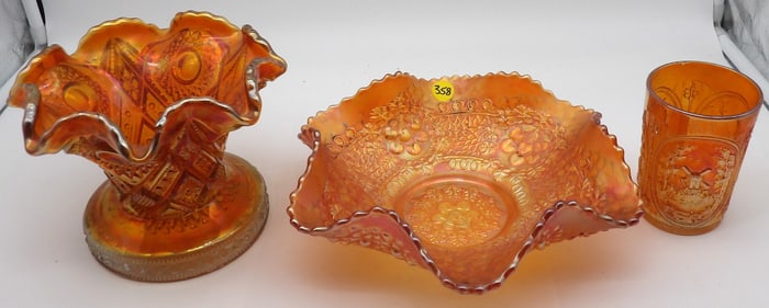 MARIGOLD CARNIVAL GLASS BY FENTON (3) – “BEARDED BERRY” RUFFLED BOWL, FOOTED BOWL, TUMBLER
