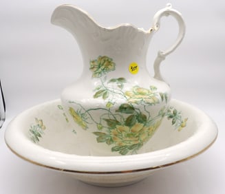 EDWIN M. KNOWLES CHINAWARE (8) – BASIN W/ PITCHER, SERVING BOWL W/ LID, CREAMERS, SUGAR BOWL