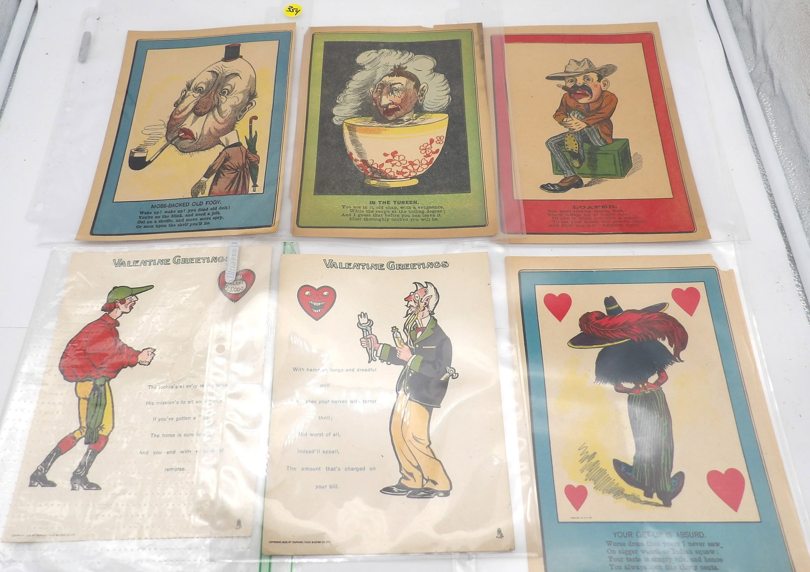 VINTAGE COMIC VINEGAR VALENTINES (6): These vintage comic vinegar valentines (also known as Penny Dreadfuls) were originally meant to be sent anonymously as an insult or a joke. They feature humorous illustrations and verse about various 