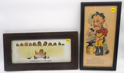 FRAMED BLACK AMERICANA ‘WATCH ON THE RINE’, FRAMED ‘BLACKSMITH’ COMIC VALENTINE