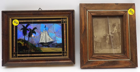 FRAMED FOIL ART OF SHIP/BEACH & FRAMED ROLLAND HENDRICKSON LITHOGRAPHY ART