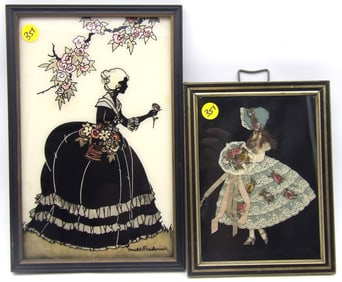 FRAMED RIBBON DOLL W/ REAL DRESS CLOTH & FRAMED FOIL ART BY HELEN L. SMITH 1930’S