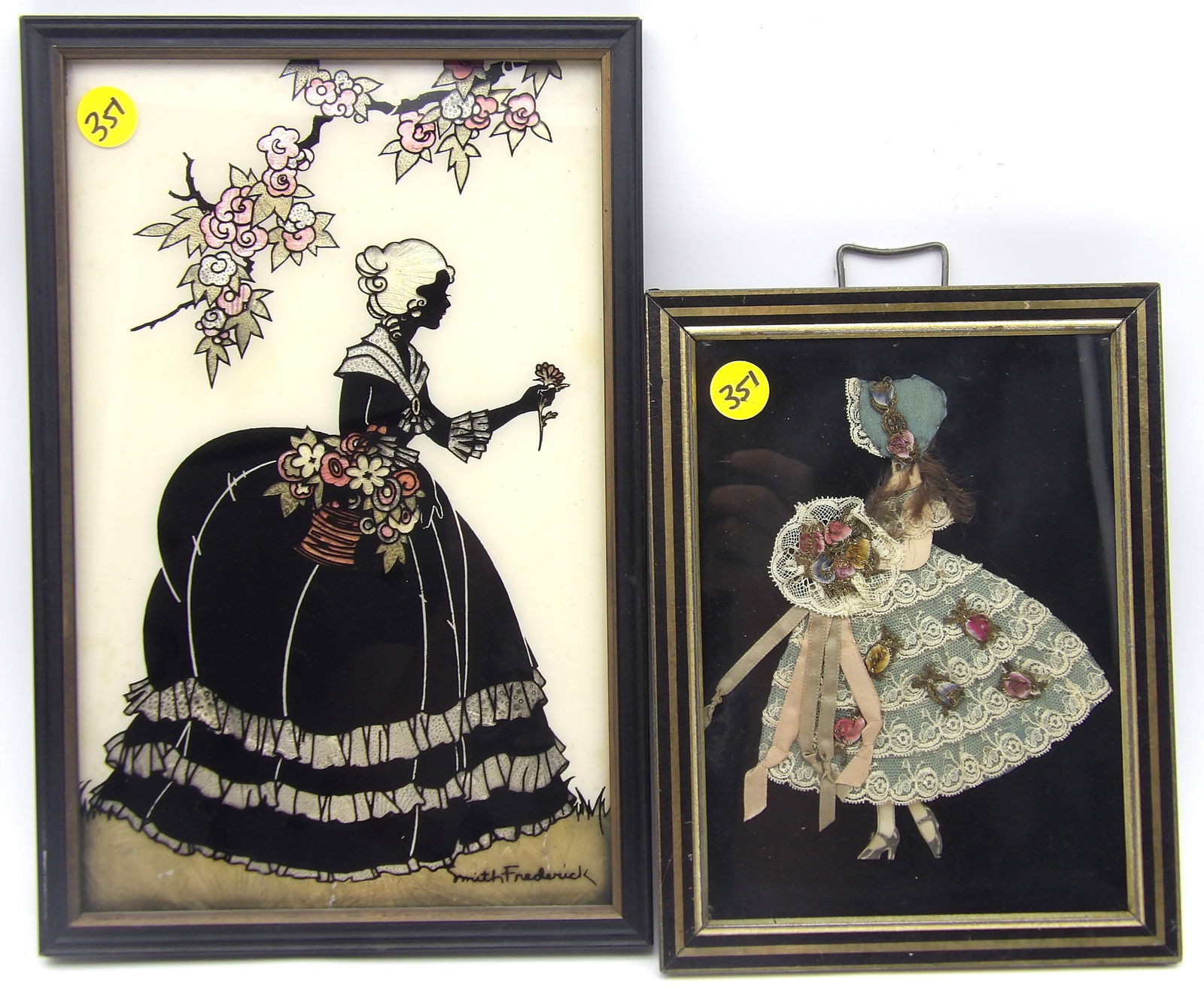 FRAMED RIBBON DOLL W/ REAL DRESS CLOTH / HAIR & FRAMED FOIL ART BY HELEN L. SMITH 1930’S (1 of 3)