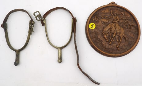 3 PC - VINTAGE SPURS AND WOODEN COWBOY PLAQUE