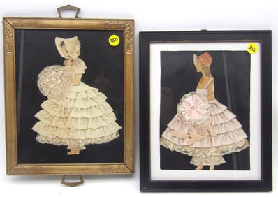 FRAMED RIBBON DOLLS W/ REAL DRESS CLOTH (2)
