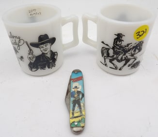 3 PC - HOPALONG CASSIDY POCKET KNIFE & 2 MILK MUGS