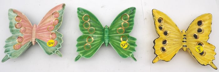 3 PC - HANDPAINTED EV SIGNED PORCELAIN BUTTERFLY CANDY DISHES