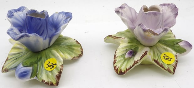 2 PC - CAPODIMONTE PORCELAIN IRIS FLOWER CANDLE HOLDERS