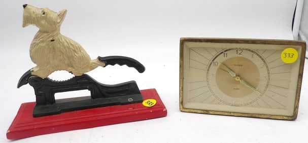 2 PC - CAST IRON DOG NUTCRACKER (REPRO) & FLORN ALARM CLOCK