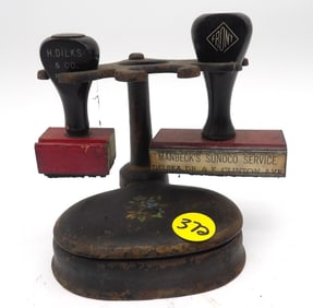 VINTAGE GAS STATION STAMP PAD. HOLDER, TWO STAMPS