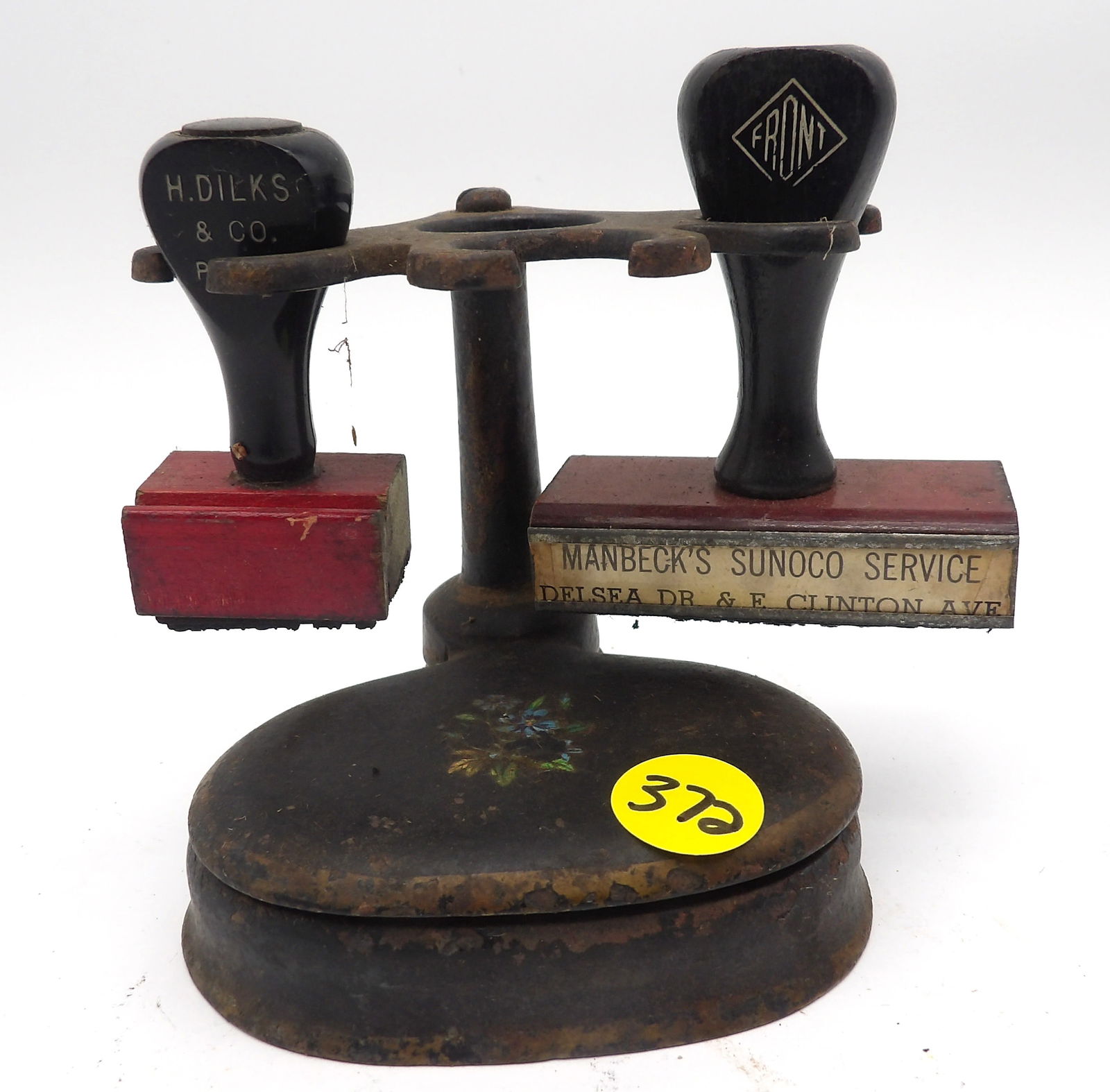 VINTAGE GAS STATION STAMP PAD. HOLDER, TWO STAMPS (1 of 2)