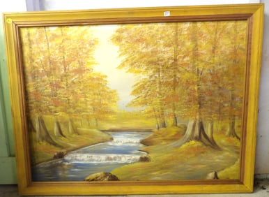 FRAMED RIVER / FOREST SCENE ON CANVAS SIGNED BY ARTIST “ROMEO”
