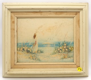 FRAMED WOMAN ON BEACH ON BOARD PAINTING SIGNED BY ARTIST