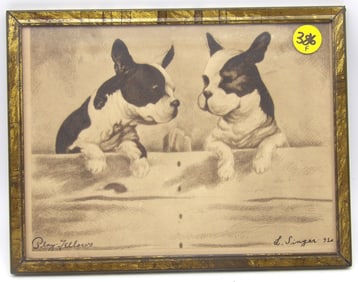 FRAMED DOG ART PRINT “PLAY FELOWS” BY L. SINGER