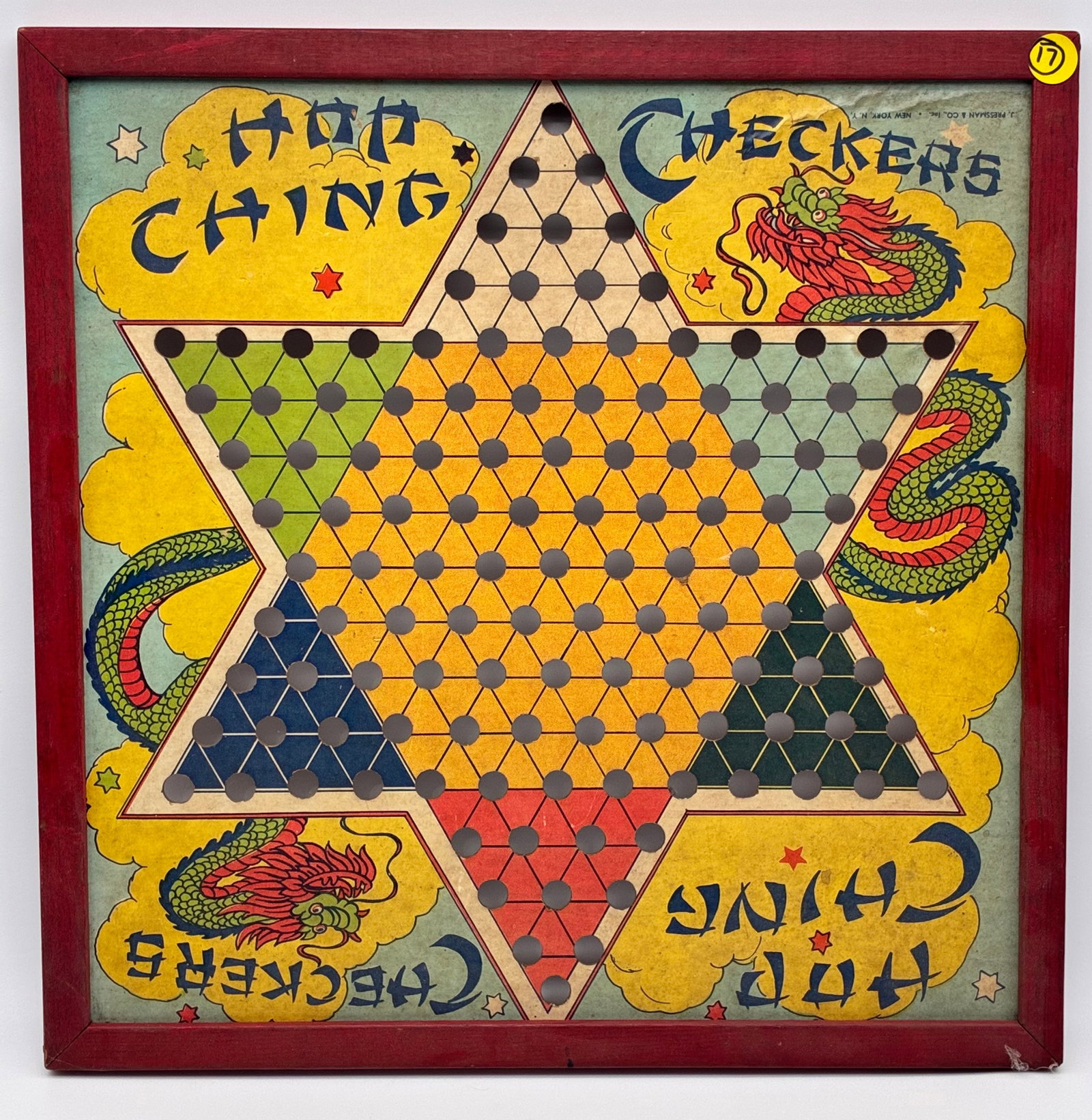 VINTAGE HOP CHING CHINESE CHECKERS BOARD: This game “Hop Ching” Chinese Checkers board includes vibrant graphics that will look great on display.