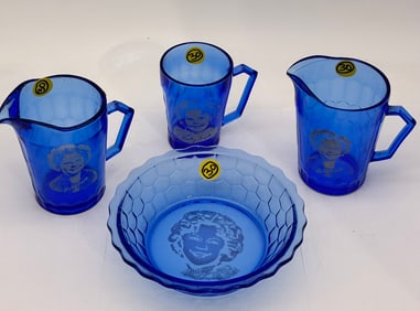 SHIRLEY TEMPLE BLUE GLASS PITCHERS, BOWL, AND DRINKING GLASS