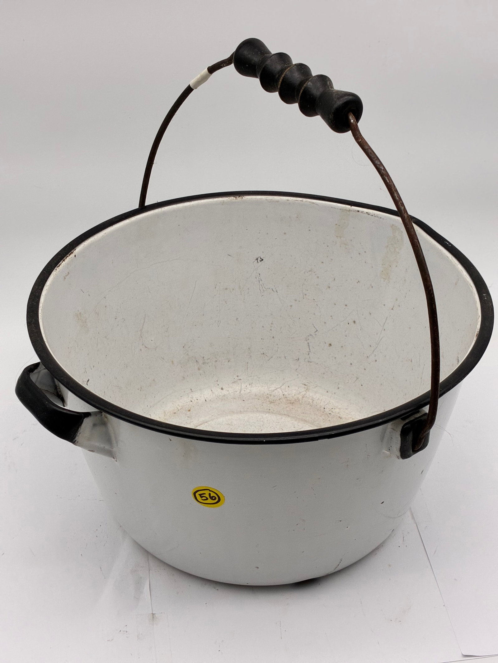 VINTAGE WHITE ENAMEL KITCHEN SLOP PAIL: This pail is vintage Farmhouse Kitchenware and includes a wire handle and wooden grip.