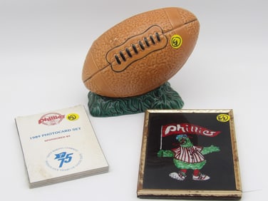 PHILLIES 1989 PHOTCARD SET (SEALED), PHILLY PHANATIC FRAMED PICTURE, CERAMIC FOOTBALL PLANTER/DESK
