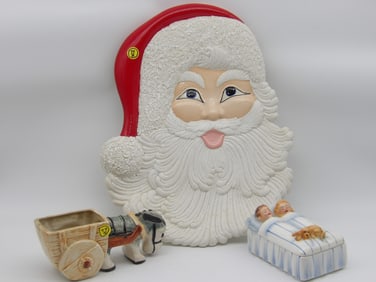 OCCUPIED JAPAN DONKEY CART PLANTER, ALDON TRINKET BOX, ATLANTIC MOLD DECORATIVE SANTA PLATTER