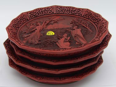 SET OF 4 - 1981 RED CINNABAR LAQUER PLATES – “LEGEND OF THE PEACOCK MAIDEN” SERIES