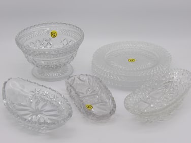 FOSTORIA LEAD CRYSTAL PLATES, ANCHOR HOCKING WEXFORD GLASS CANDY BOWL, AND AMERICAN BRILLIANT PERIOD