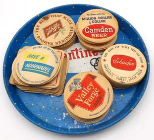 BALLANTINE ALE & BEER TIN SIGN/TRAY WITH 100 VINTAGE BEER COASTERS