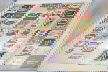 VINTAGE BEER LABELS, PATCHES, BUTTON, COUNTRY CLUB BOTTLE OPENER, ESSLINGER/SCHLITZ GLASS SALT AND