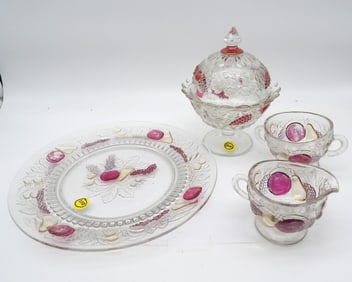 WESTMORELAND DELLA ROBBIA FLASHED DINNER PLATE, FOOTED CANDY DISH, CREAMER, OPEN SUGAR BOWL