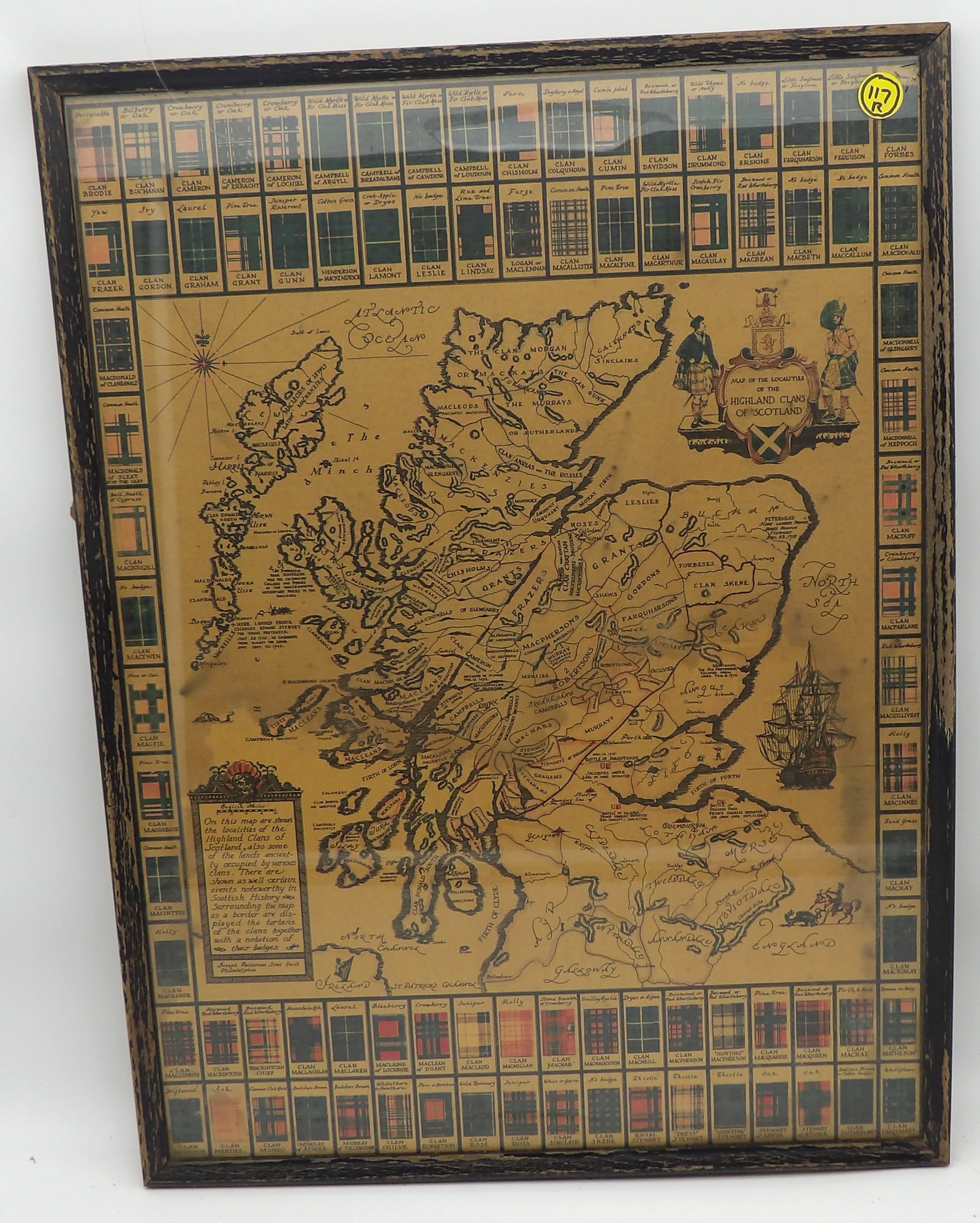 FRAMED MAP OF SCOTLAND AND HIGHLAND CLANS BY JOSEPH PATTERSON SIMS: This framed map of Scotland also displays the various historical Highland Clans of the area. This piece is made by popular cartographer Joseph Patterson Sims of Philadelphia.