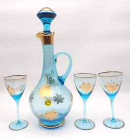 ROMANIAN BOHEMIAN AQUA BLUE GLASS DECANTER AND (3) GLASSES W/ 22 KARAT GOLD FLORAL PATTERN