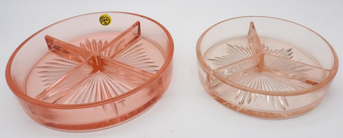“STARBURST” PATTERN PINK DEPRESION GLASS DIVIDED RELISH DISH