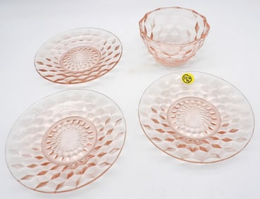 JEANETTE CUBE PINK BREAD/BUTTER PLATES (3) & BERRY BOWL