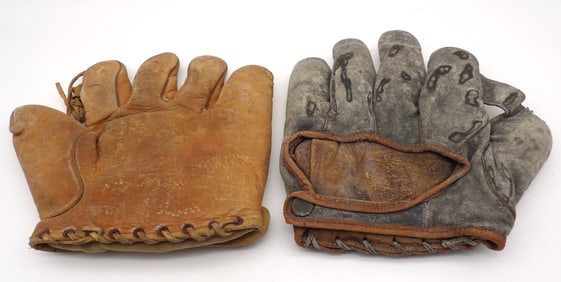 CIRCA 1910 - ANTIQUE BASEBALL GLOVES (2) WITH DISPLAY CASE