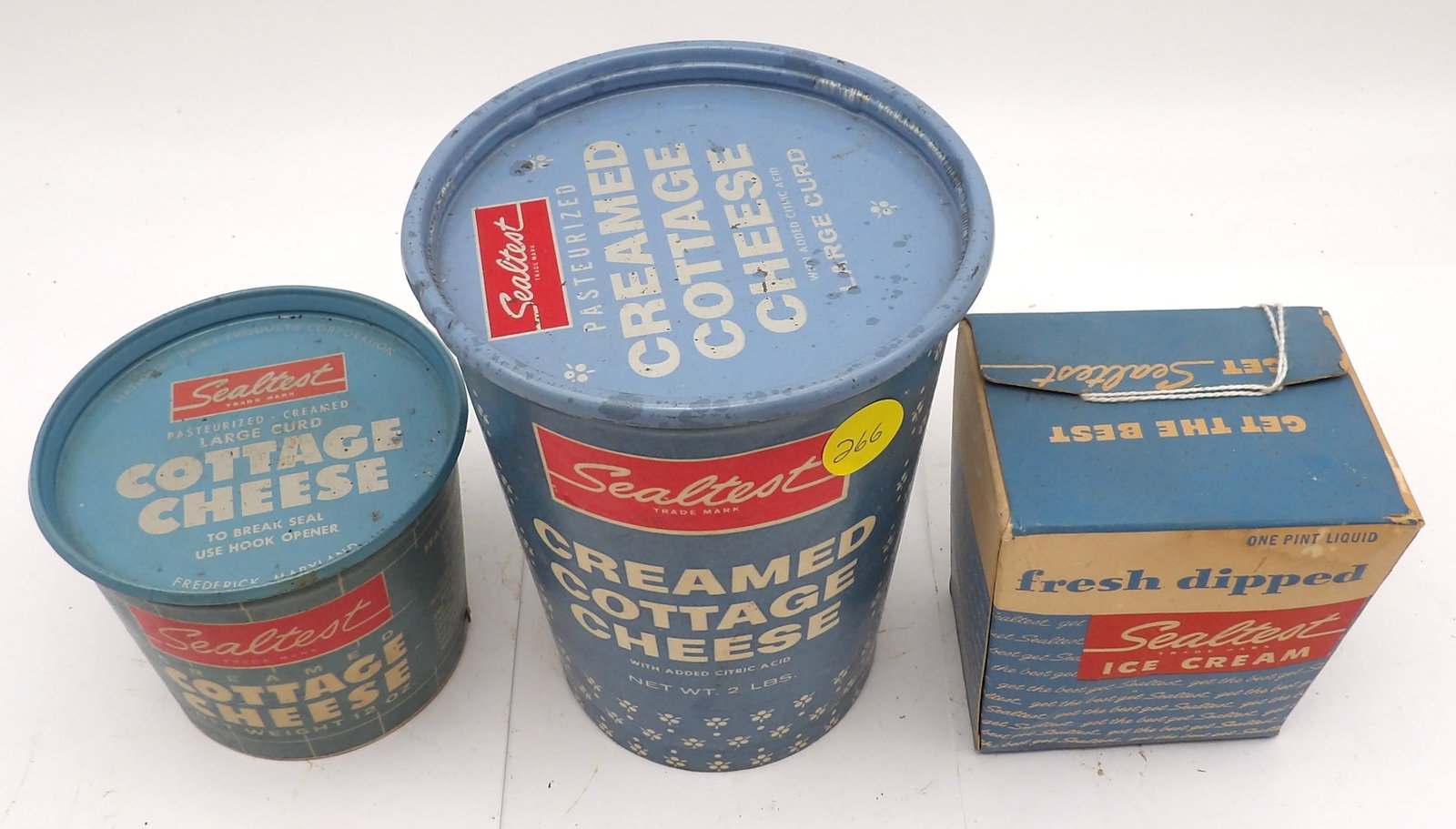 VINTAGE COTTAGE CHEESE & ICE CREAM CONTAINER LOT: This collection includes cartons/containers for Sealtest Cottage Cheese, Sealtest Ice Cream, Farms Dairy Orange Ice Cream – as well as fast food/ice cream cups (10)