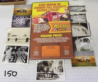 VINTAGE RACING – FRAMED REESE’S NASCAR RAFFLE POSTER & RACEWAY PHOTOS (10) & RACING /