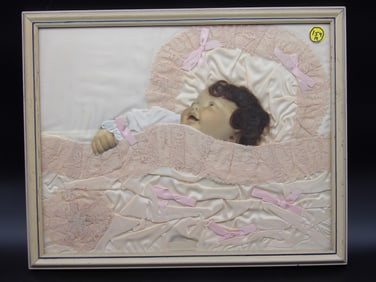 FRAMED RIBBON DOLL BABY ART MADE WITH REAL HUMAN HAIR AND DRESS CLOTH