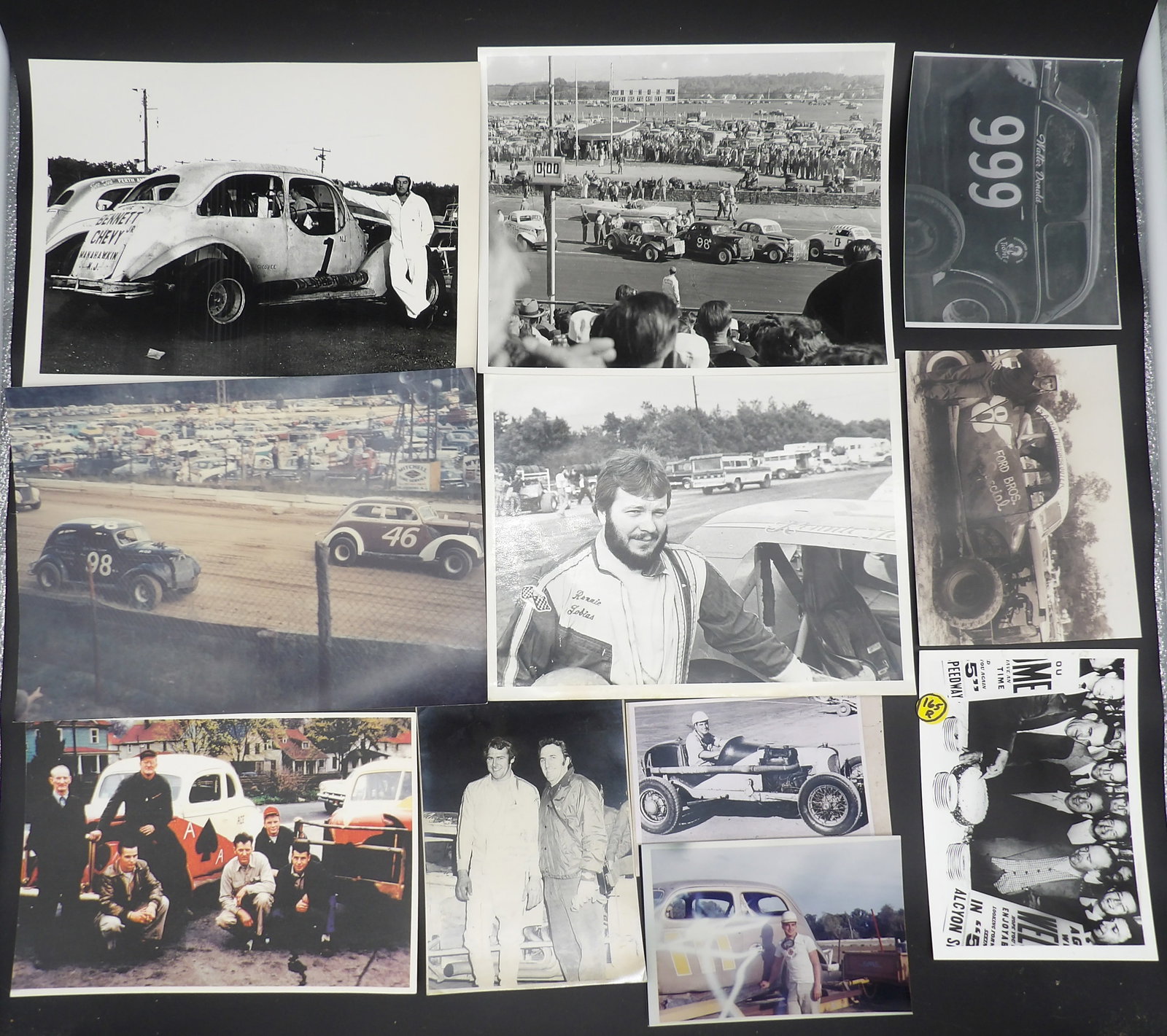 100 PC RACING PHOTOS, POSTCARDS, TICKETS, STICKERS, PROGRAMS, MORE: This classic racing lot features 100 items from classic local raceways and official NASCAR. Included are photos (both original and reprinted), postcards, trading cards, stickers, programs, schedules,