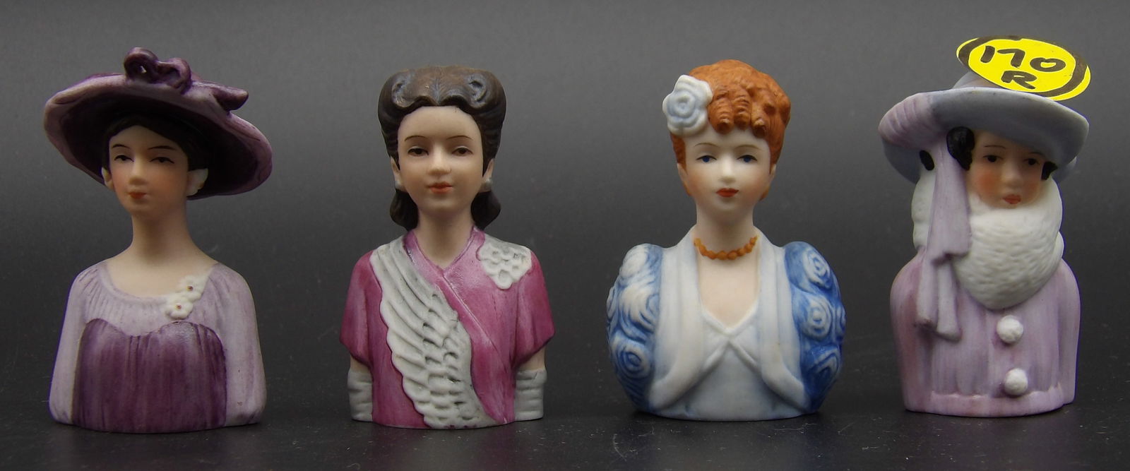 AVON “AMERICAN LADIES OF FASHION” BISQUE PORCELAIN THIMBLES: These 4 bisque porcelain thimbles are from Avon’s “American Ladies of Fashion’ collection