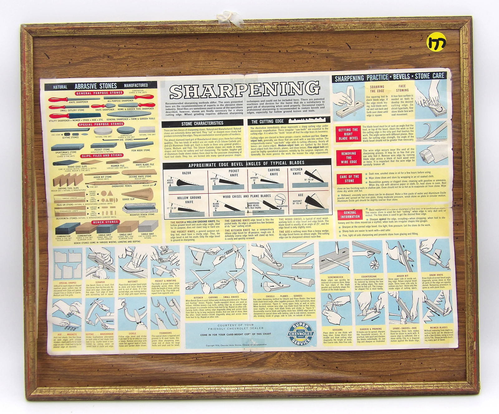 VINTAGE BELT HOLE MAKER / LEATHER PUNCHER, FRAMED / MOUNTED CHEVROLET SHARPENING GUIDE FLYER 1956, & (1 of 7)