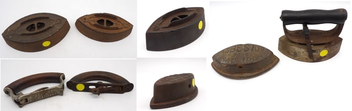 VINTAGE SAD IRONS (5) AND DETACHABLE HANDLES