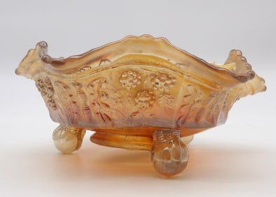 PANTHER BOWL FENTON – Vintage Marigold Carnival Glass Footed Bowl, Panther & Leaf Design